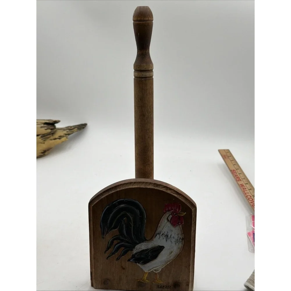 Vintage Wooden Paper Towel Holder Hand Painted Rooster Signed